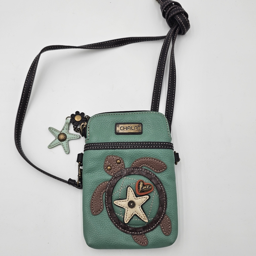 Chala Green Crossbody Phone Bag with Turtle Applique